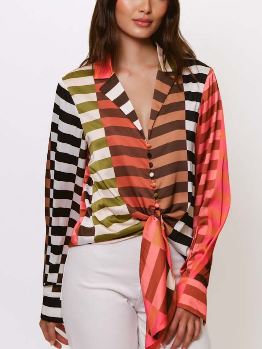 Hutch Carys Satin Bold Multicolored Striped Tie-Front Collared Blouse - Sz XXS
